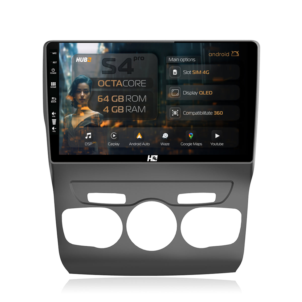 Navigatie HUB64 Citroen C4L (2011-2016), 4GB RAM, Android, Octacore, Slot Sim 4G, DSP, GPS, Wi-FI, Carplay, Android Auto, USB, Bluetooth, Waze, Touchscreen, 10.1 Inch