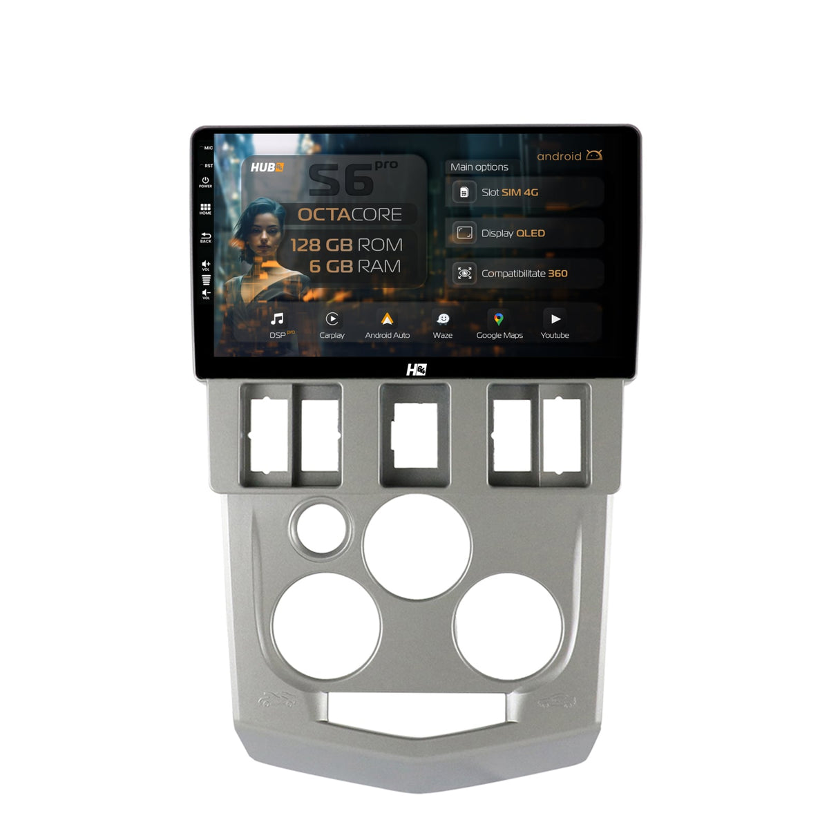 Navigatie HUB64 Dacia Logan PH1 (2004-2009), 6GB RAM, Android, Octacore, Slot Sim 4G, DSP, GPS, Wi-FI, Carplay, Android Auto, USB, Bluetooth, Waze, Touchscreen, 9 Inch