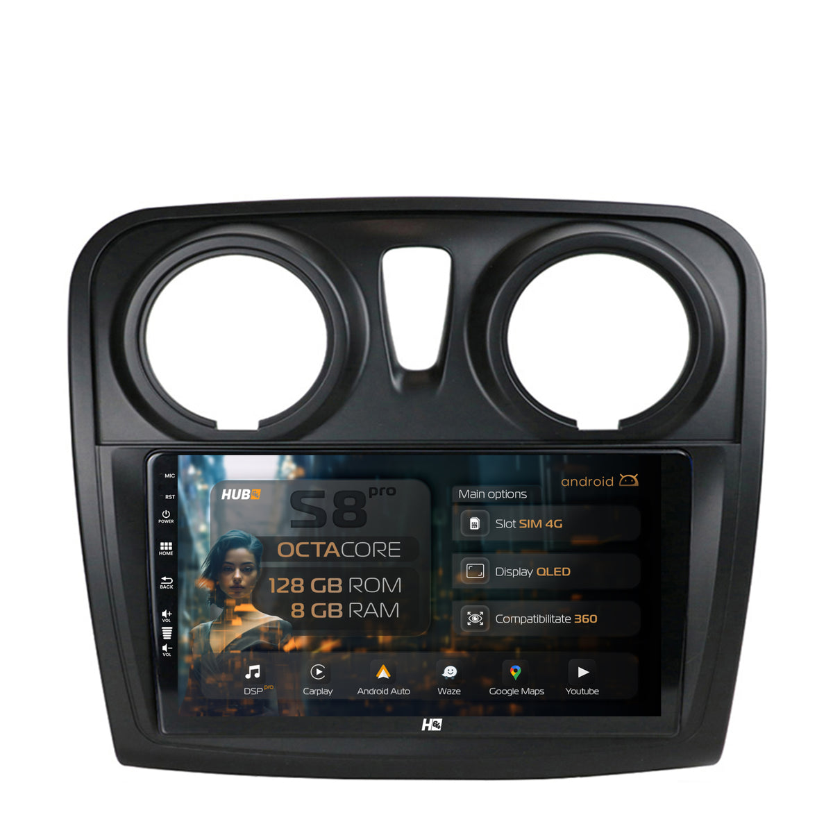 Navigatie HUB64 Dacia Logan / Sandero, 8GB RAM, Android, Octacore, Slot Sim 4G, DSP, GPS, Wi-FI, Carplay, Android Auto, USB, Bluetooth, Waze, Touchscreen, 9 Inch