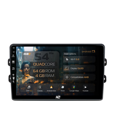 Navigatie HUB64 Dacia/Renault, 4GB RAM, Android, Quadcore, DSP, GPS, Wi-FI, Carplay, Android Auto, USB, Bluetooth, Waze, Touchscreen, 9 inch