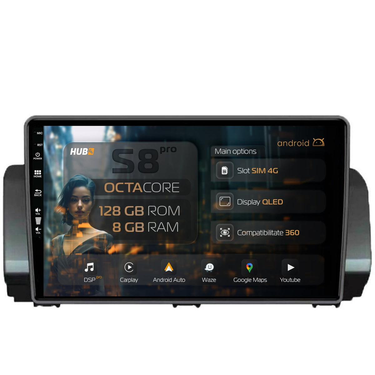 Navigatie HUB64 Dacia Sandero / Logan (2021-Prezent), 8GB RAM, Android, Octacore, Slot Sim 4G, DSP, GPS, Wi-FI, Carplay, Android Auto, USB, Bluetooth, Waze, Touchscreen, 10.1 Inch
