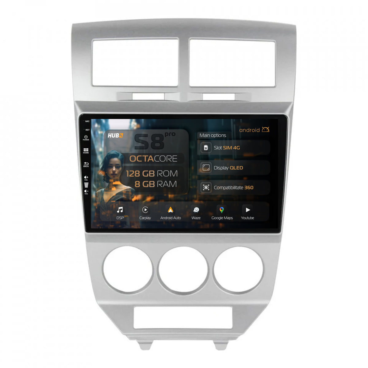 Navigatie HUB64 Dodge Caliber (2006-2010), 8GB RAM, Android, Octacore, Slot Sim 4G, DSP, GPS, Wi-FI, Carplay, Android Auto, USB, Bluetooth, Waze, Touchscreen, 10.1 Inch