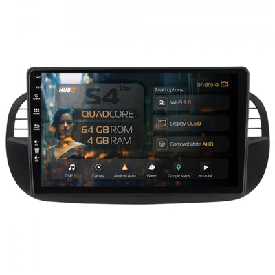 Navigatie HUB64 Fiat 500 (2007-2014), 4GB RAM, Android, Quadcore, DSP, GPS, Wi-FI, Carplay, Android Auto, USB, Bluetooth, Waze, Touchscreen, 9 inch