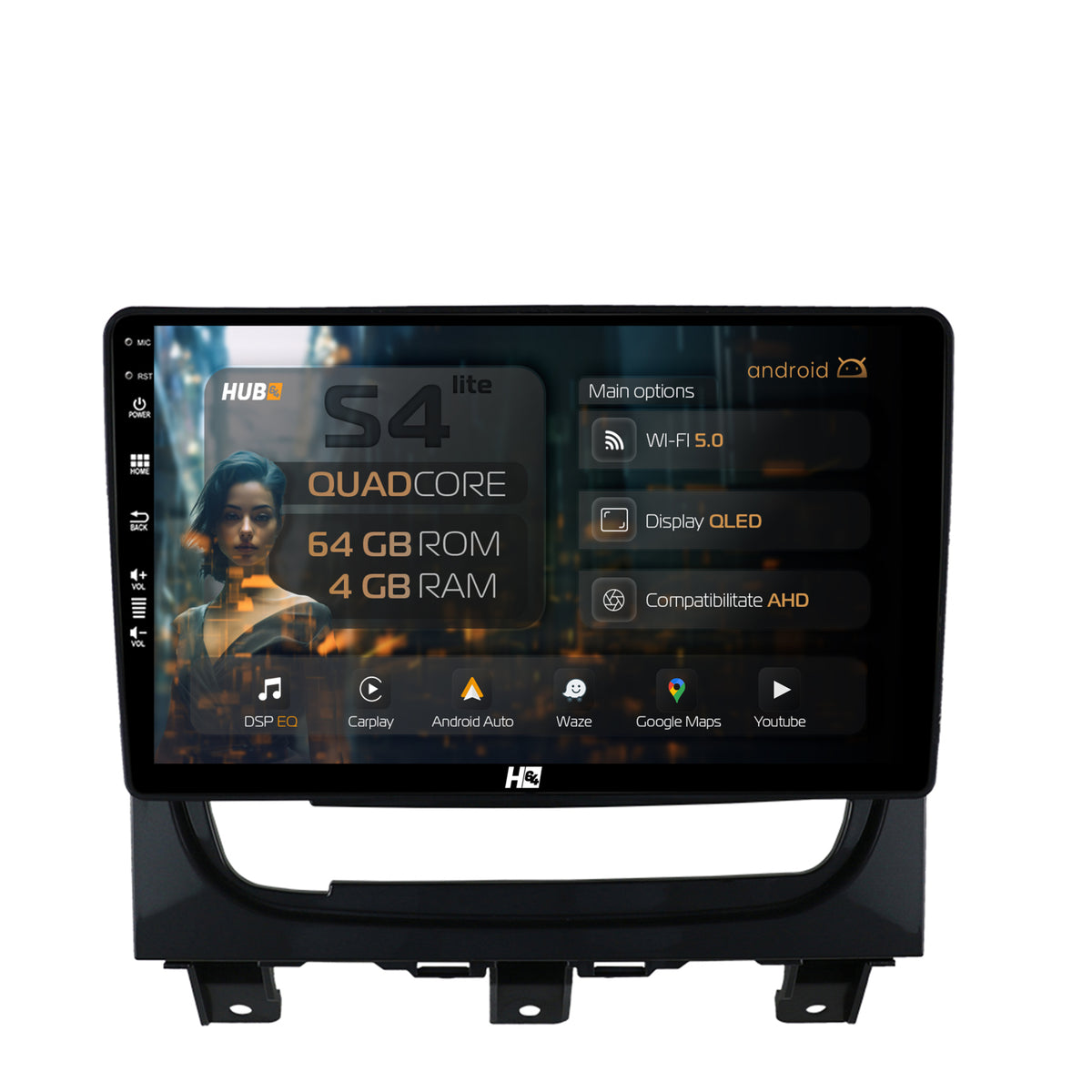Navigatie HUB64 Fiat Strada / Idea (2011-2016), 4GB RAM, Android, Quadcore, DSP, GPS, Wi-FI, Carplay, Android Auto, USB, Bluetooth, Waze, Touchscreen, 9 inch