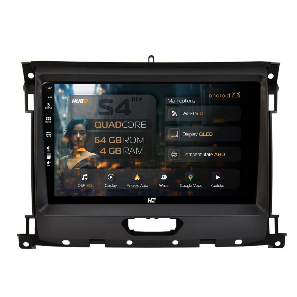 Navigatie HUB64 Ford Ranger (2015-2022), 4GB RAM, Android, Quadcore, DSP, GPS, Wi-FI, Carplay, Android Auto, USB, Bluetooth, Waze, Touchscreen, 9 inch