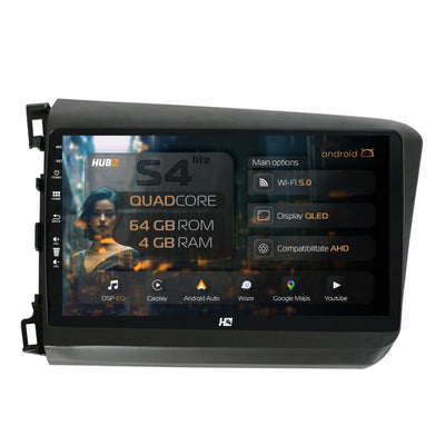 Navigatie HUB64 Honda Civic (2012-2015), 4GB RAM, Android, Quadcore, DSP, GPS, Wi-FI, Carplay, Android Auto, USB, Bluetooth, Waze, Touchscreen, 9 inch