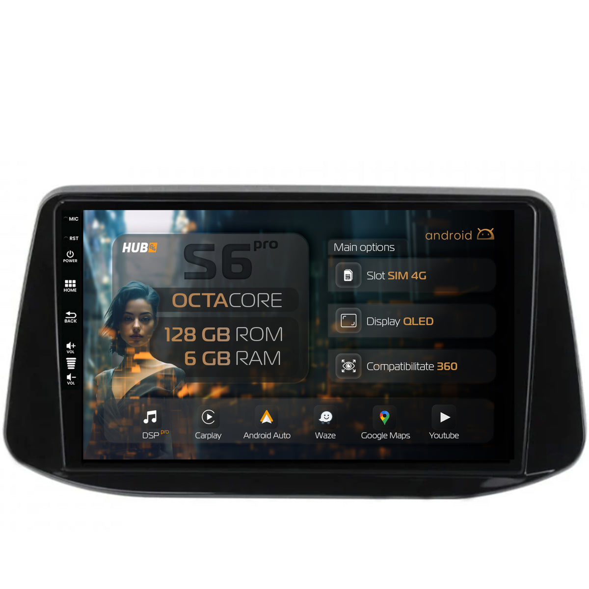Navigatie HUB64 Hyundai I30 (2017-Prezent), 6GB RAM, Android, Octacore, Slot Sim 4G, DSP, GPS, Wi-FI, Carplay, Android Auto, USB, Bluetooth, Waze, Touchscreen, 9 Inch