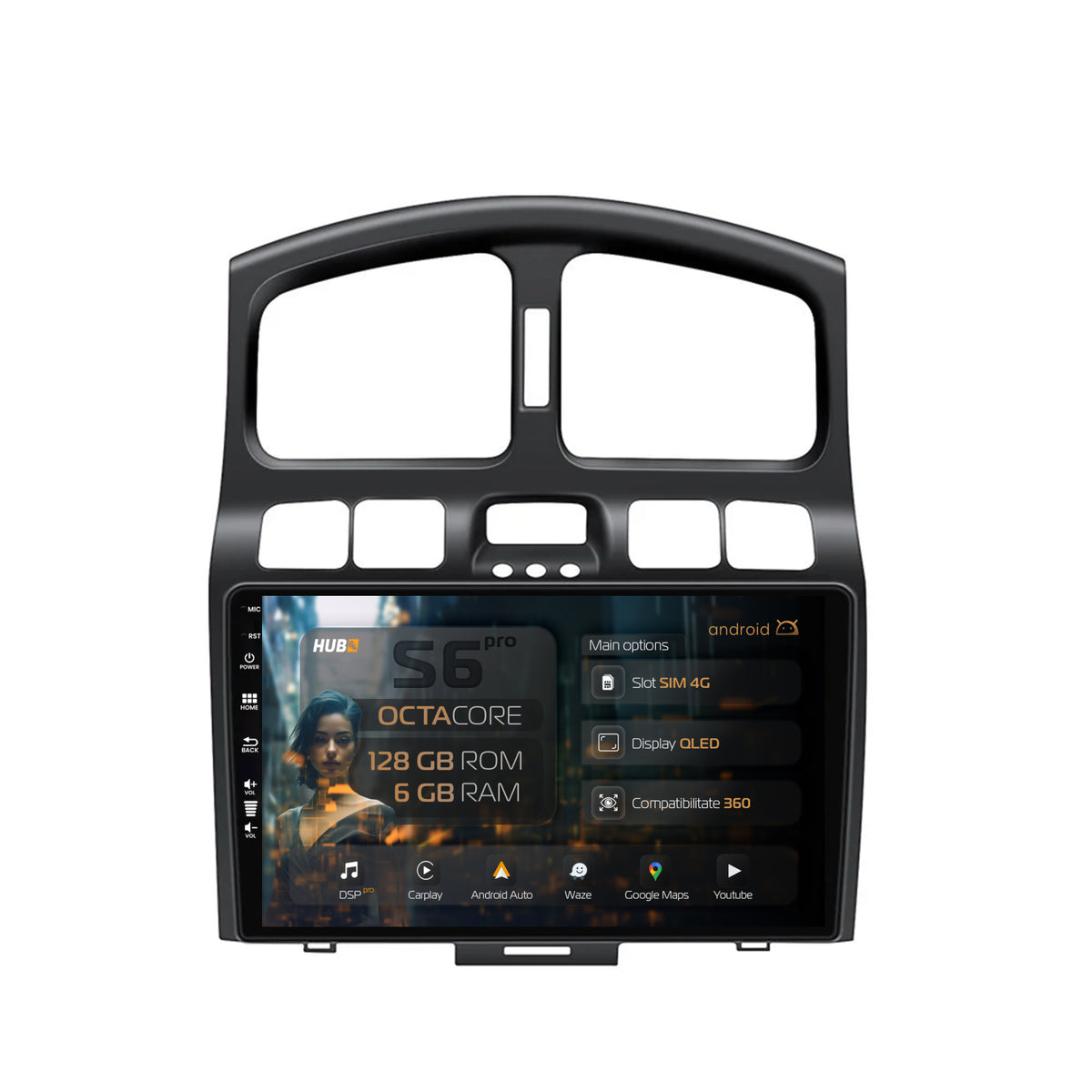 Navigatie HUB64 Hyundai Santa Fe (2001-2005), 6GB RAM, Android, Octacore, Slot Sim 4G, DSP, GPS, Wi-FI, Carplay, Android Auto, USB, Bluetooth, Waze, Touchscreen, 9 Inch