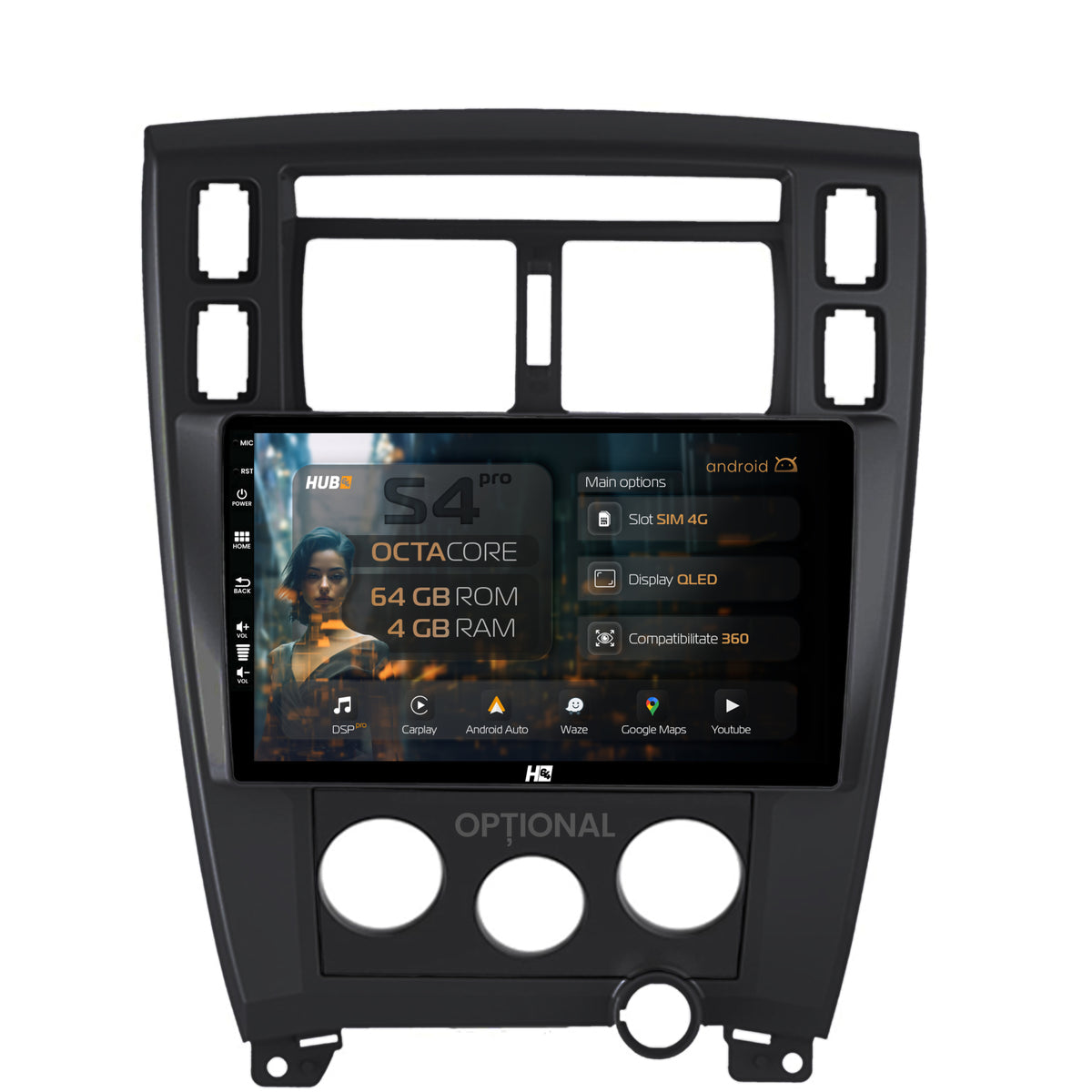 Navigatie HUB64 Hyundai Tucson (2006-2013), 4GB RAM, Android, Octacore, Slot Sim 4G, DSP, GPS, Wi-FI, Carplay, Android Auto, USB, Bluetooth, Waze, Touchscreen, 10.1 inch