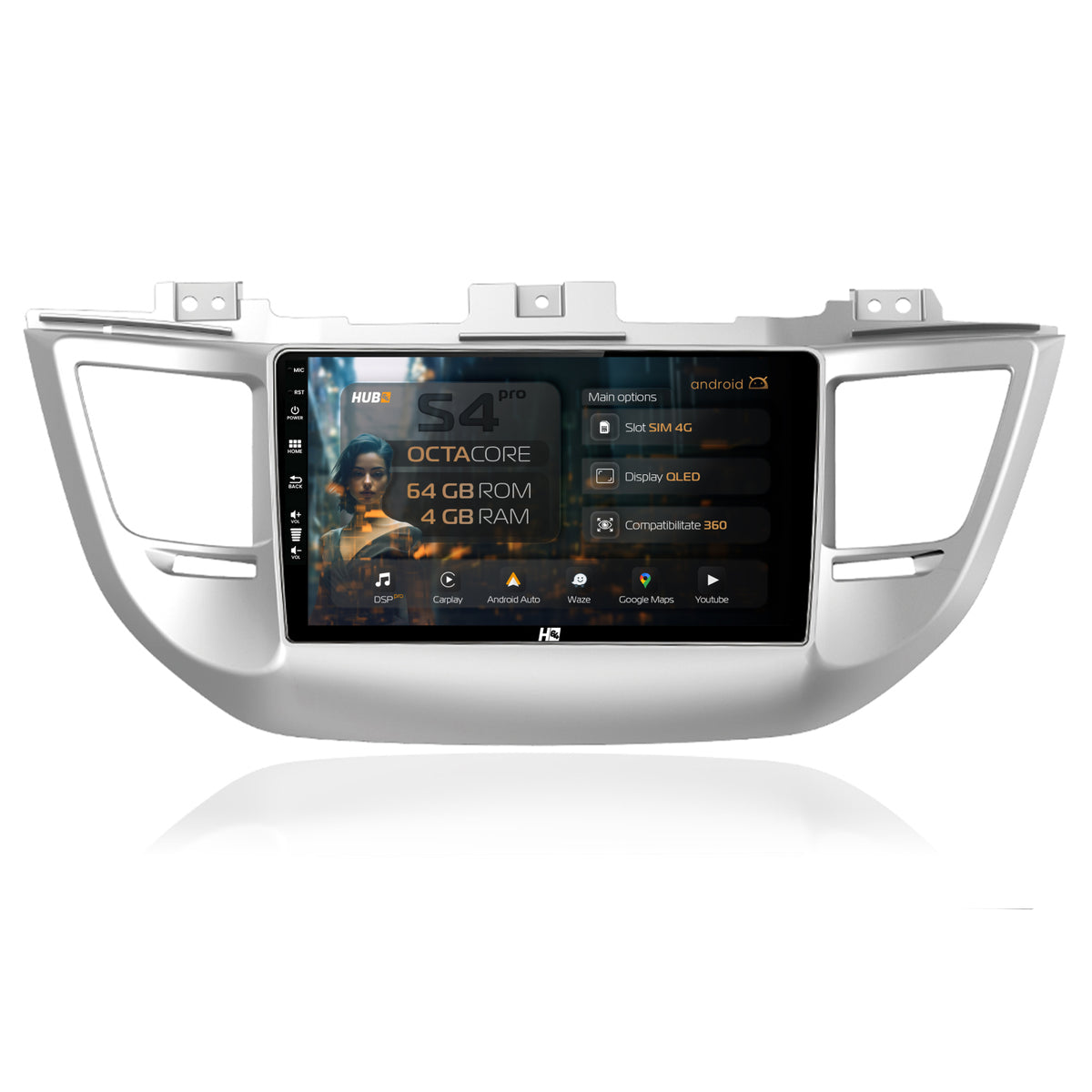 Navigatie HUB64 Hyundai Tucson 3 (2015-2019), 4GB RAM, Android, Octacore, Slot Sim 4G, DSP, GPS, Wi-FI, Carplay, Android Auto, USB, Bluetooth, Waze, Touchscreen, 9 inch