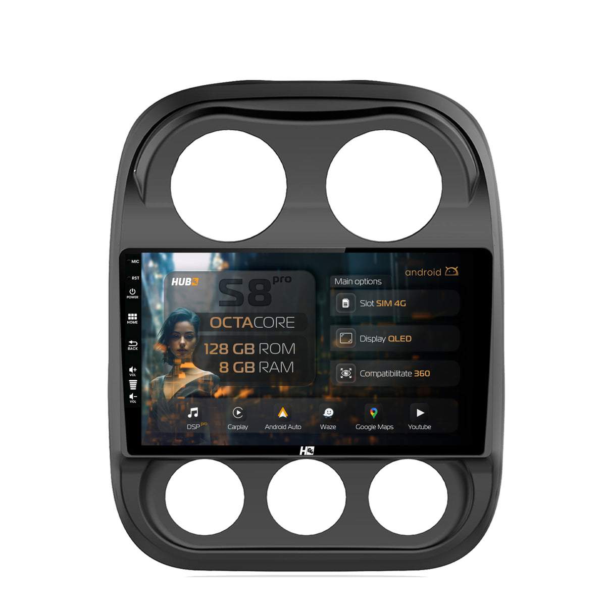 Navigatie HUB64 Jeep Compass (2009-2016), 8GB RAM, Android, Octacore, Slot Sim 4G, DSP, GPS, Wi-FI, Carplay, Android Auto, USB, Bluetooth, Waze, Touchscreen, 10.1 Inch