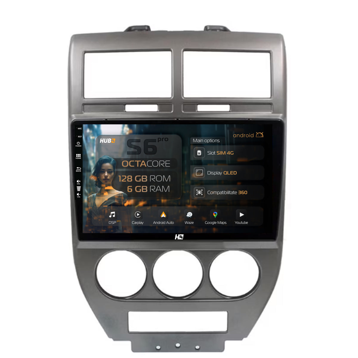 Navigatie HUB64 Jeep Compass/Patriot (2006-2010), 6GB RAM, Android, Octacore, Slot Sim 4G, DSP, GPS, Wi-FI, Carplay, Android Auto, USB, Bluetooth, Waze, Touchscreen, 10.1 Inch