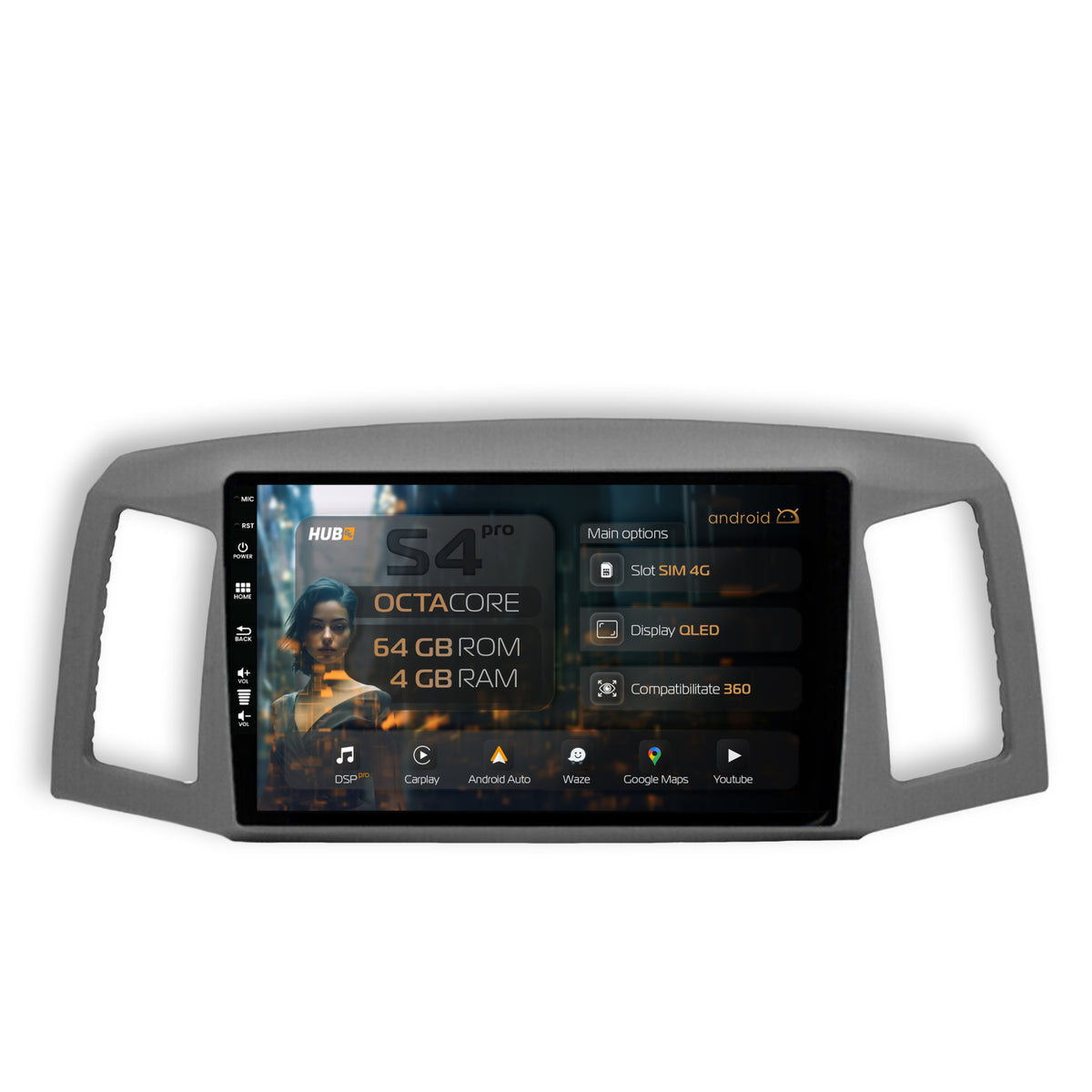Navigatie HUB64 Jeep Grand Cherokee (2004-2007), 4GB RAM, Android, Octacore, Slot Sim 4G, DSP, GPS, Wi-FI, Carplay, Android Auto, USB, Bluetooth, Waze, Touchscreen, 10.1 Inch