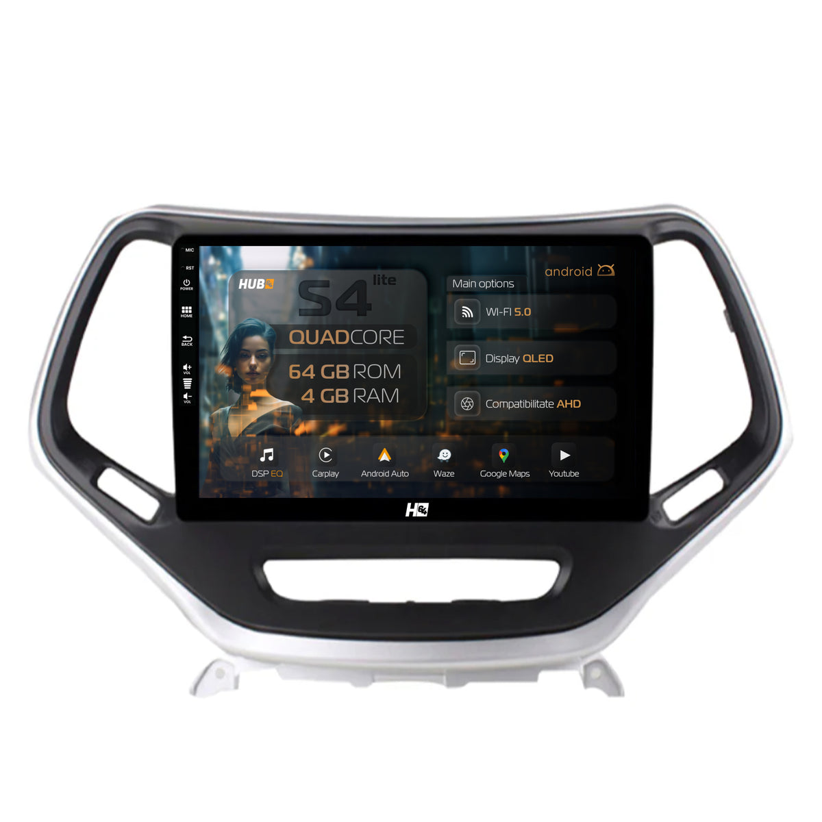 Navigatie HUB64 Jeep Grand Cherokee (2015+), 4GB RAM, Android, GPS, Wi-FI, Carplay, Android Auto, USB, Bluetooth, Radio, Waze, Touchscreen, 10.1 inch