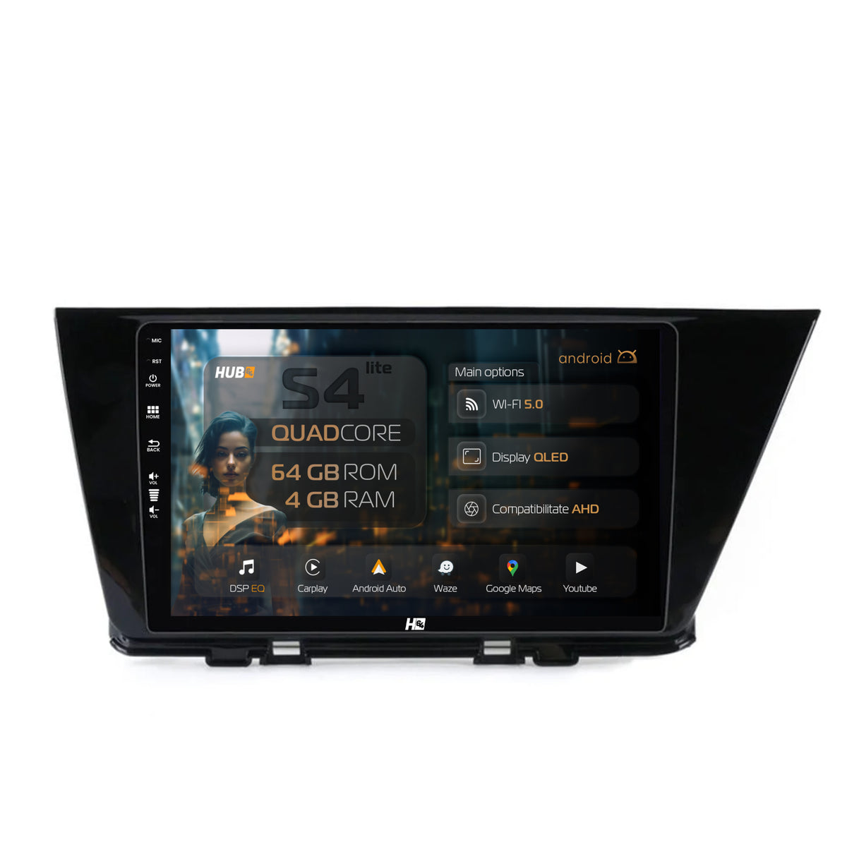 Navigatie HUB64 Kia Niro (2016+), 4GB RAM, Android, Quadcore, DSP, GPS, Wi-FI, Carplay, Android Auto, USB, Bluetooth, Waze, Touchscreen, 9 inch