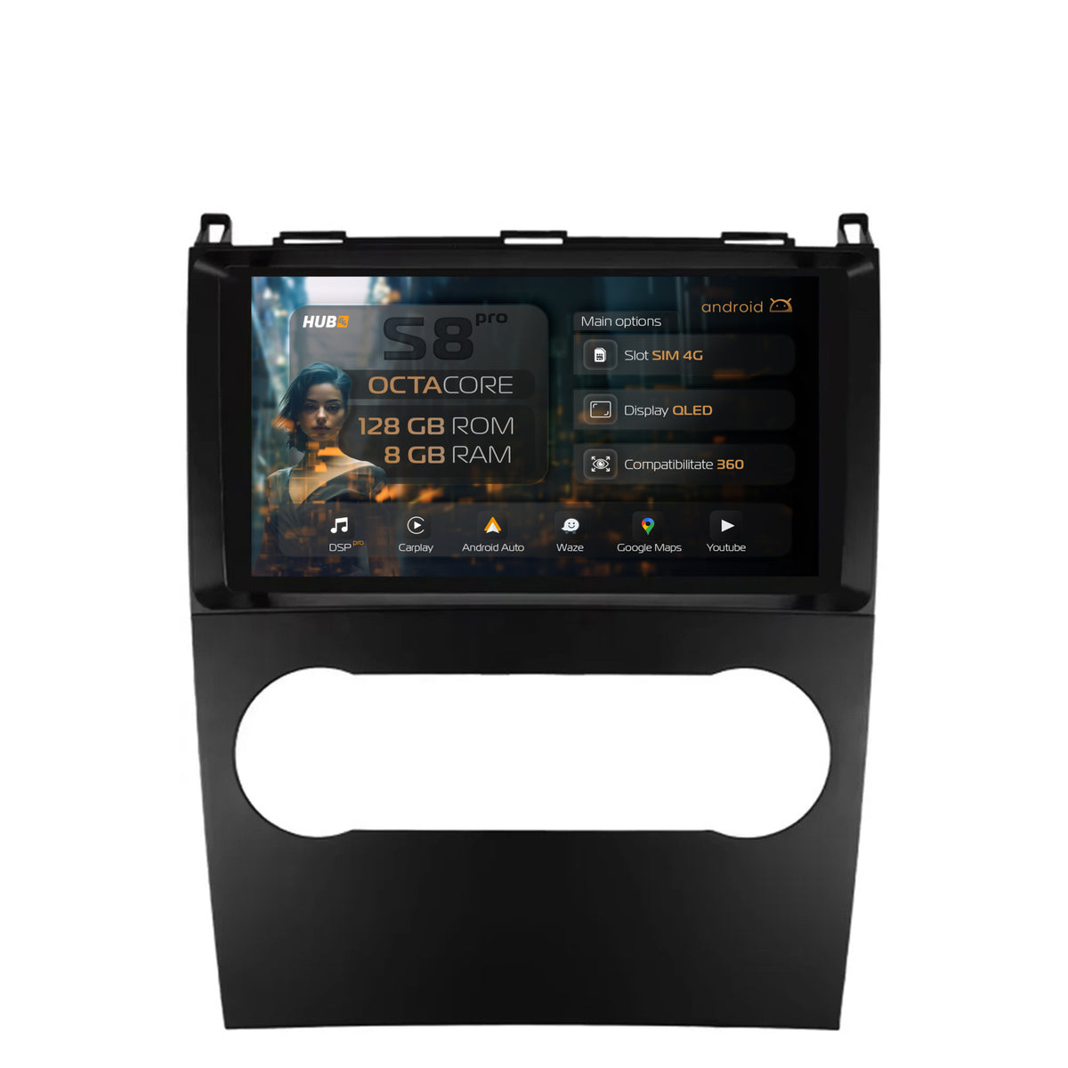 Navigatie HUB64 Mercedes Benz A/B Class (2004-2011), 8GB RAM, Android, Octacore, Slot Sim 4G, DSP, GPS, Wi-FI, Carplay, Android Auto, USB, Bluetooth, Waze, Touchscreen, 9 Inch