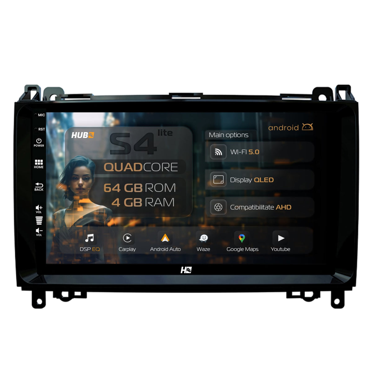 Navigatie HUB64 Mercedes Benz Sprinter, Viano, Vito, A/B Class, Crafter, 4GB RAM, Android, Quadcore, DSP, GPS, Wi-FI, Carplay, Android Auto, USB, Bluetooth, Waze, Touchscreen, 9