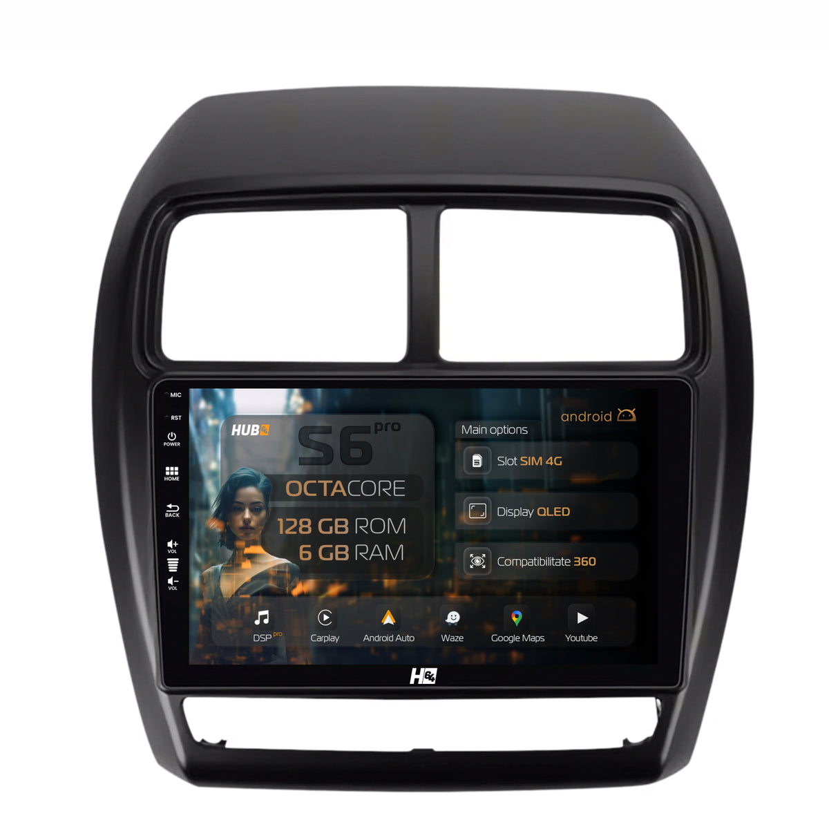 Navigatie HUB64 Mitsubishi ASX (2016-2019), 6GB RAM, Android, Octacore, Slot Sim 4G, DSP, GPS, Wi-FI, Carplay, Android Auto, USB, Bluetooth, Waze, Touchscreen, 9 Inch