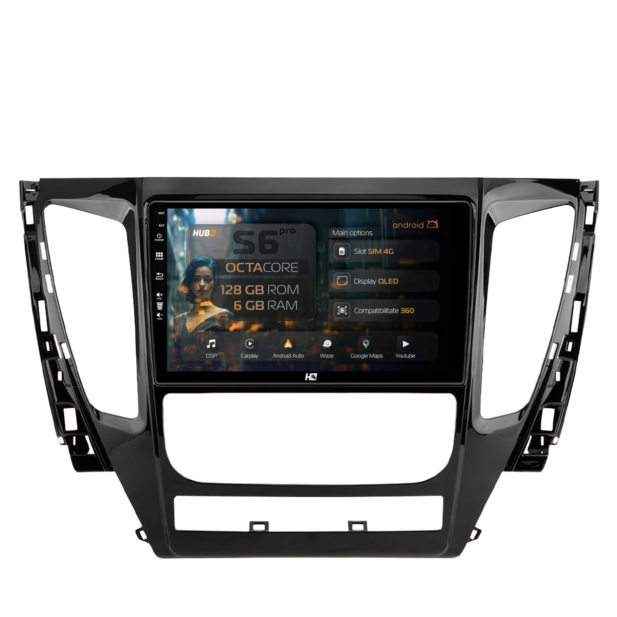 Navigatie HUB64 Mitsubishi Pajero (2016-2018), 6GB RAM, Android, Octacore, Slot Sim 4G, DSP, GPS, Wi-FI, Carplay, Android Auto, USB, Bluetooth, Waze, Touchscreen, 9 Inch