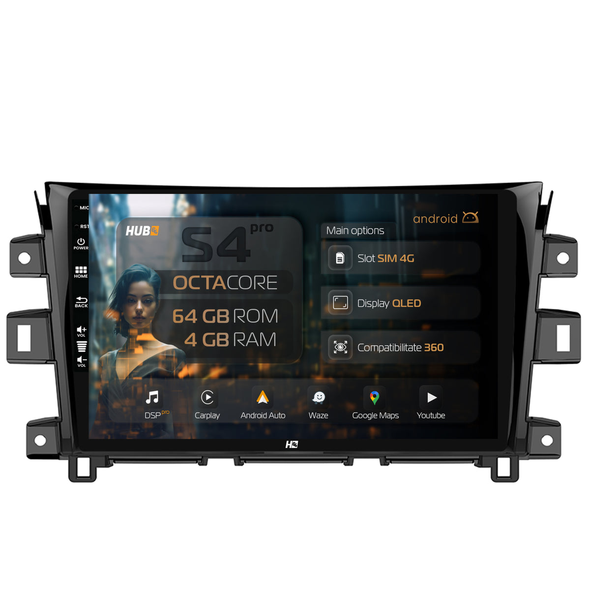 Navigatie HUB64 Nissan Navara (2015+), 4GB RAM, Android, Octacore, Slot Sim 4G, DSP, GPS, Wi-FI, Carplay, Android Auto, USB, Bluetooth, Waze, Touchscreen, 10.1 inch