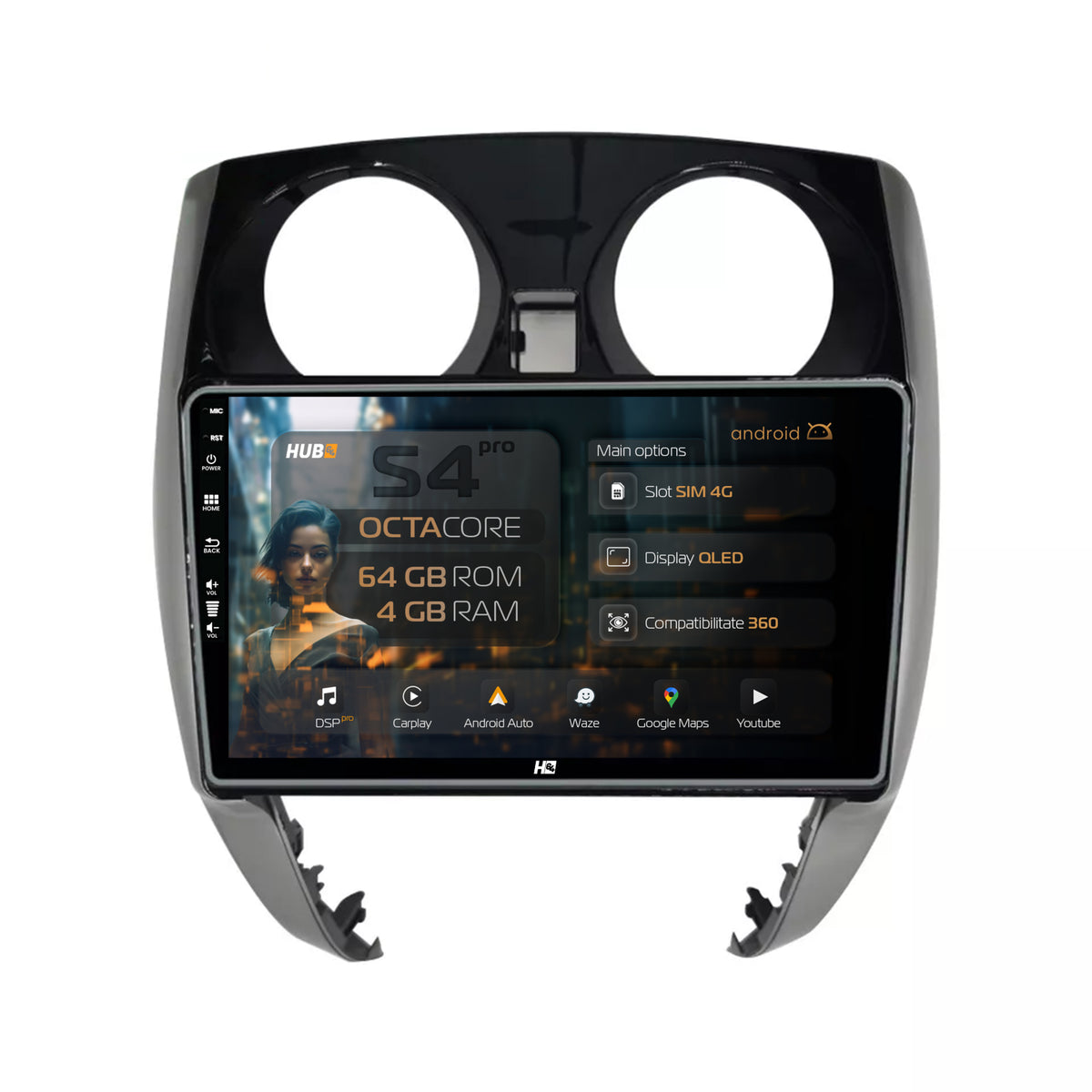 Navigatie HUB64 Nissan Note (2012-2019), 4GB RAM, Android, Octacore, Slot Sim 4G, DSP, GPS, Wi-FI, Carplay, Android Auto, USB, Bluetooth, Waze, Touchscreen, 9'' inch