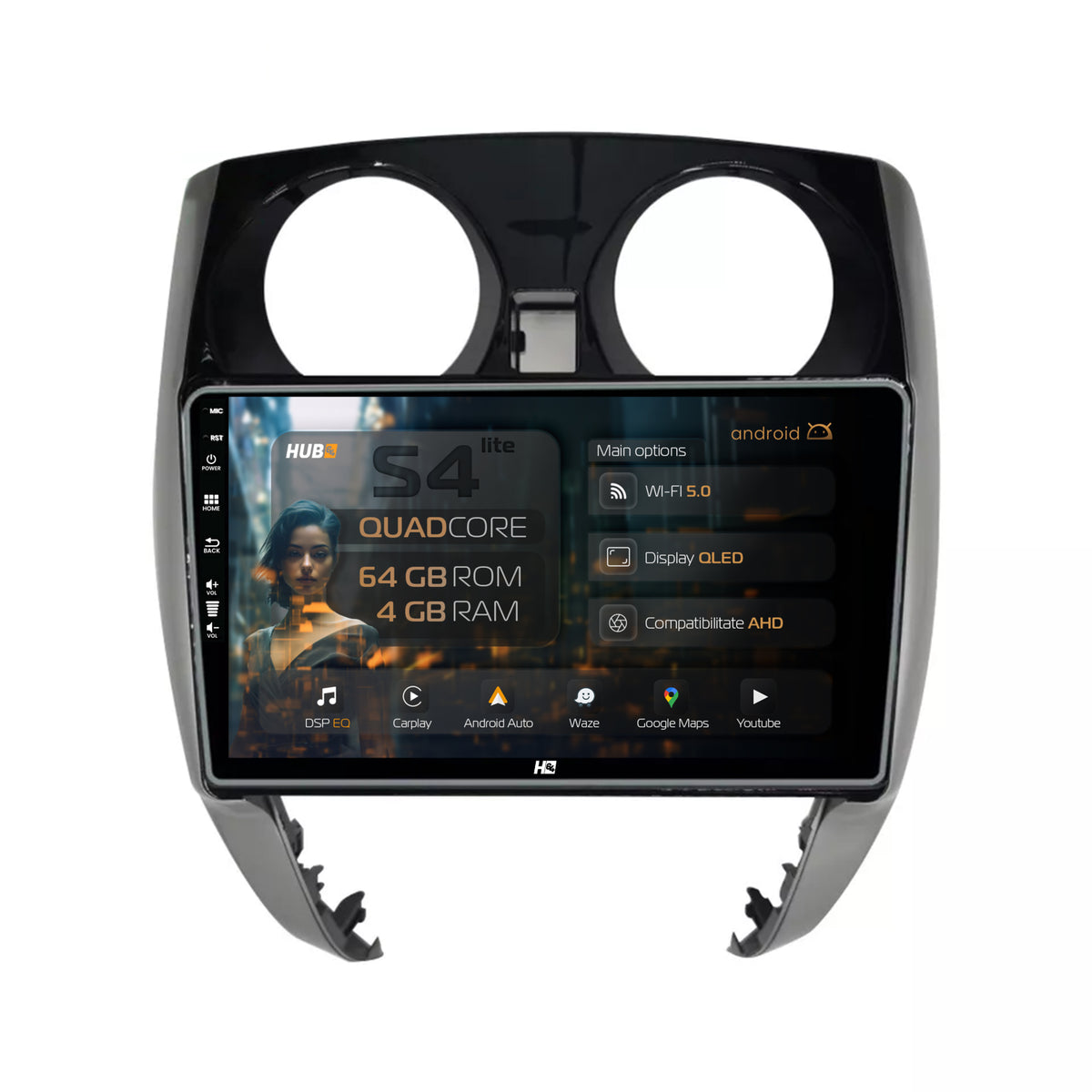 Navigatie HUB64 Nissan Note (2012-2019), 4GB RAM, Android, Quadcore, DSP, GPS, Wi-FI, Carplay, Android Auto, USB, Bluetooth, Waze, Touchscreen, 9'' inch