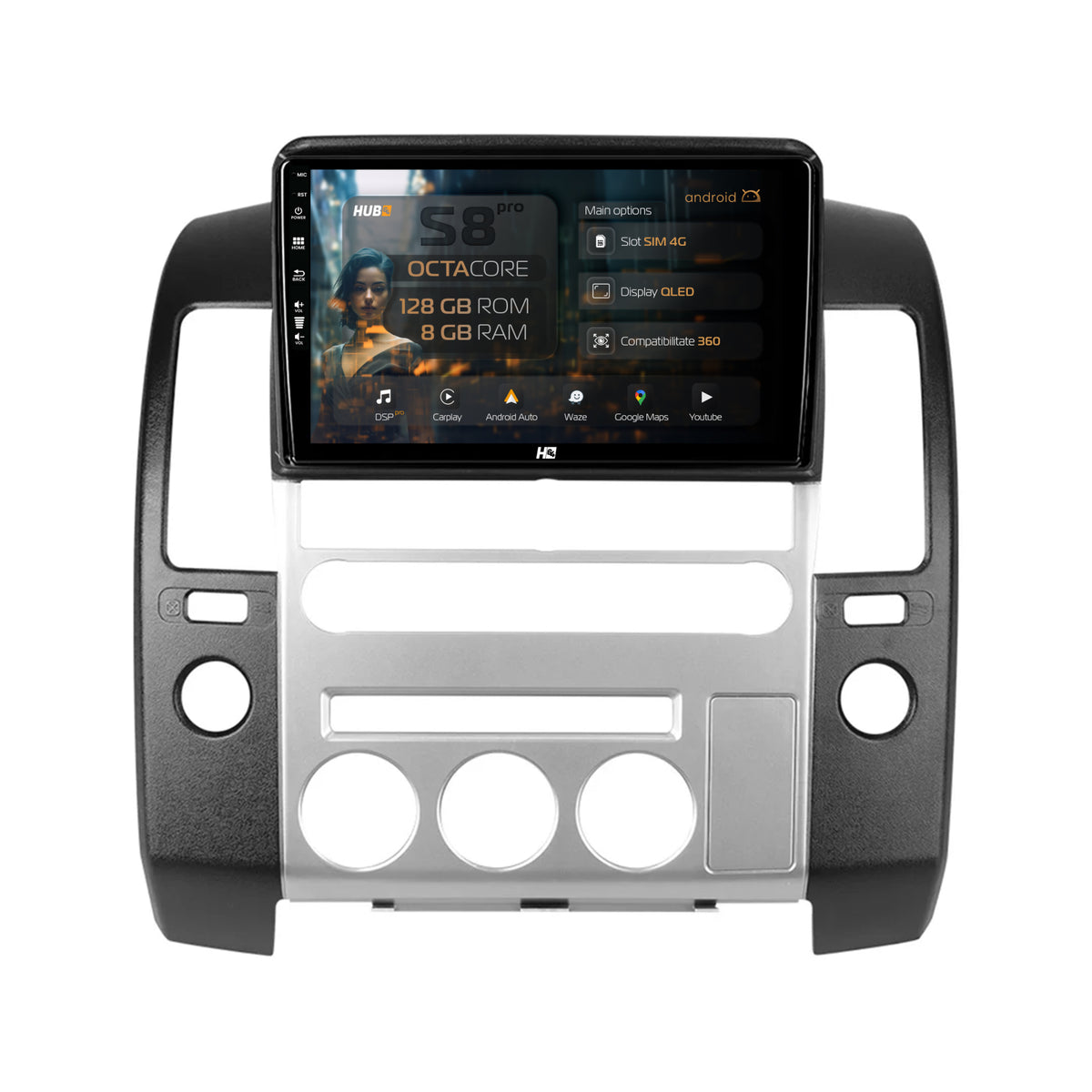 Navigatie HUB64 Nissan Pathfinder-Navara (2005-2014), 8GB RAM, Android, Octacore, Slot Sim 4G, DSP, GPS, Wi-FI, Carplay, Android Auto, USB, Bluetooth, Waze, Touchscreen, 9 Inch
