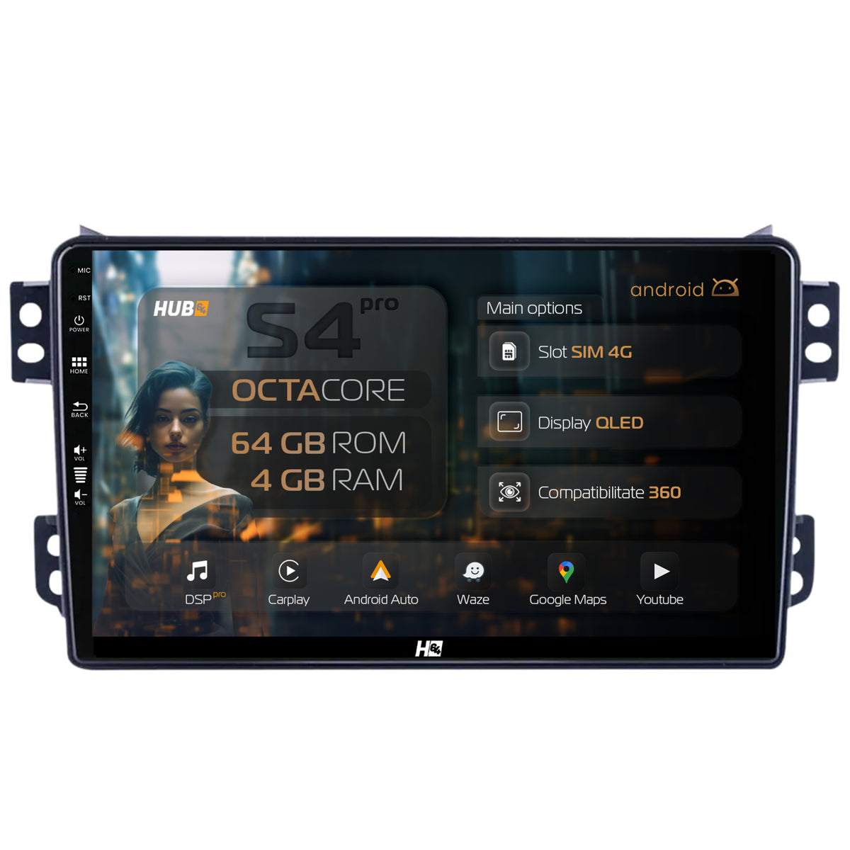 Navigatie HUB64 Opel Agila Suzuki Splash (2007-2014), 4GB RAM, Android, Octacore, Slot Sim 4G, DSP, GPS, Wi-FI, Carplay, Android Auto, USB, Bluetooth, Waze, Touchscreen, 9 inch