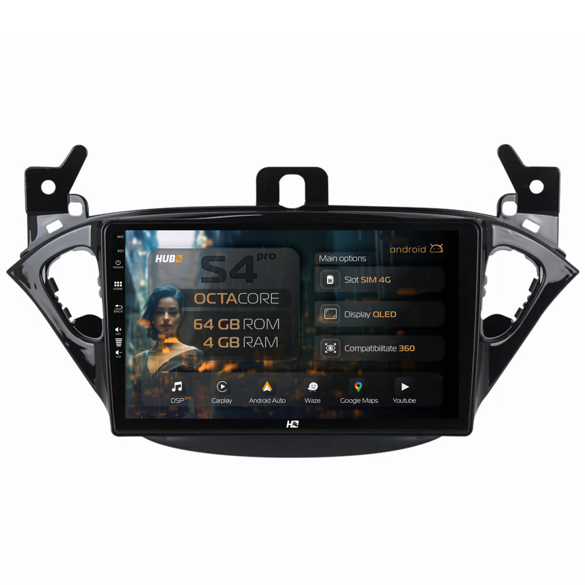 Navigatie HUB64 Opel Corsa E / Adam (2013-2019), 4GB RAM, Android, Octacore, Slot Sim 4G, DSP, GPS, Wi-FI, Carplay, Android Auto, USB, Bluetooth, Waze, Touchscreen, 9 inch