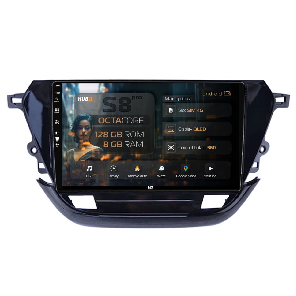 Navigatie HUB64 Opel Corsa F (2019+), 8GB RAM, Android, Octacore, Slot Sim 4G, DSP, GPS, Wi-FI, Carplay, Android Auto, USB, Bluetooth, Waze, Touchscreen, 9 Inch