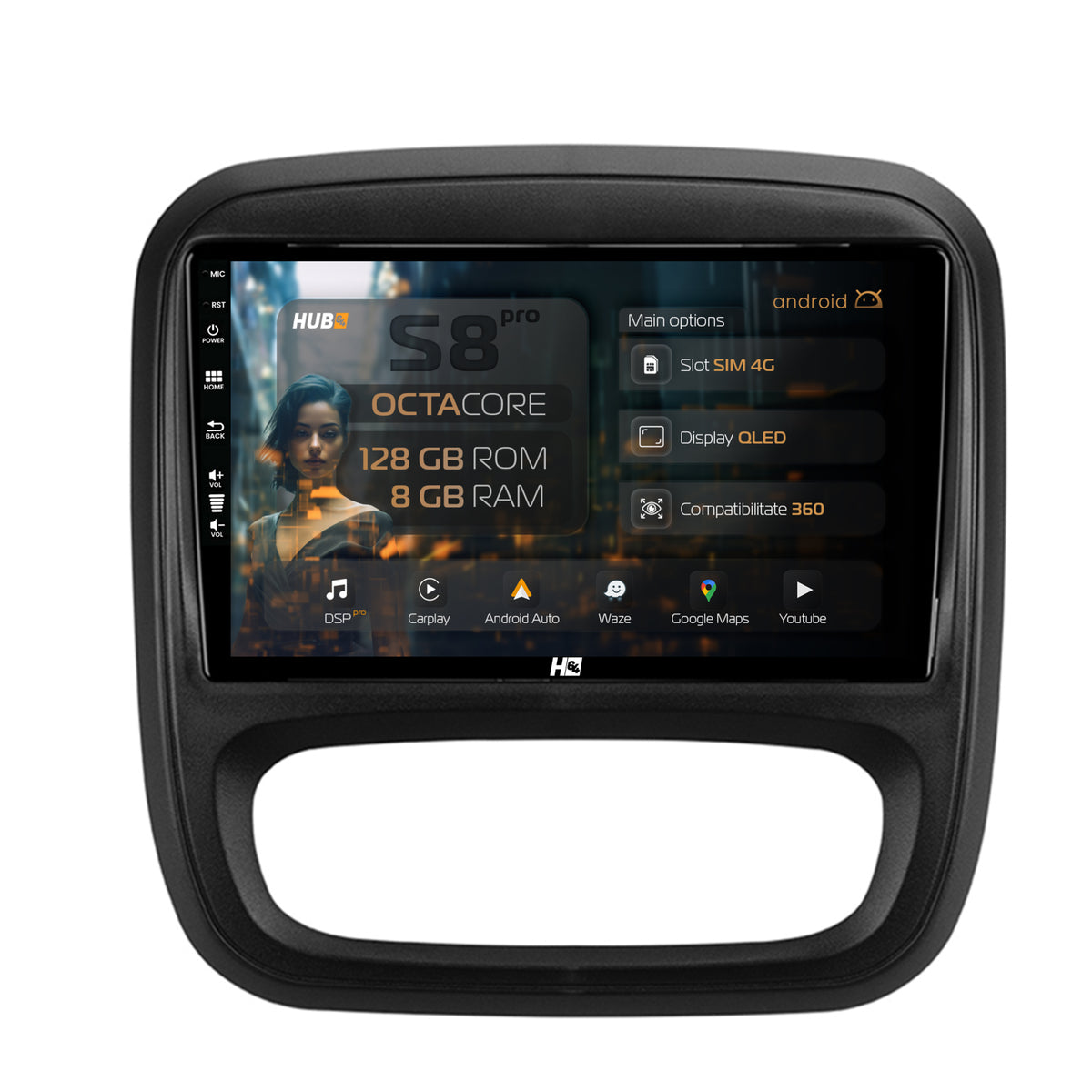 Navigatie HUB64 Opel Vivaro / Renault Trafic / Fiat Talento (2014-2017), 8GB RAM, Android, Octacore, Slot Sim 4G, DSP, GPS, Wi-FI, Carplay, Android Auto, USB, Bluetooth, Waze, Touchscreen, 9 Inch