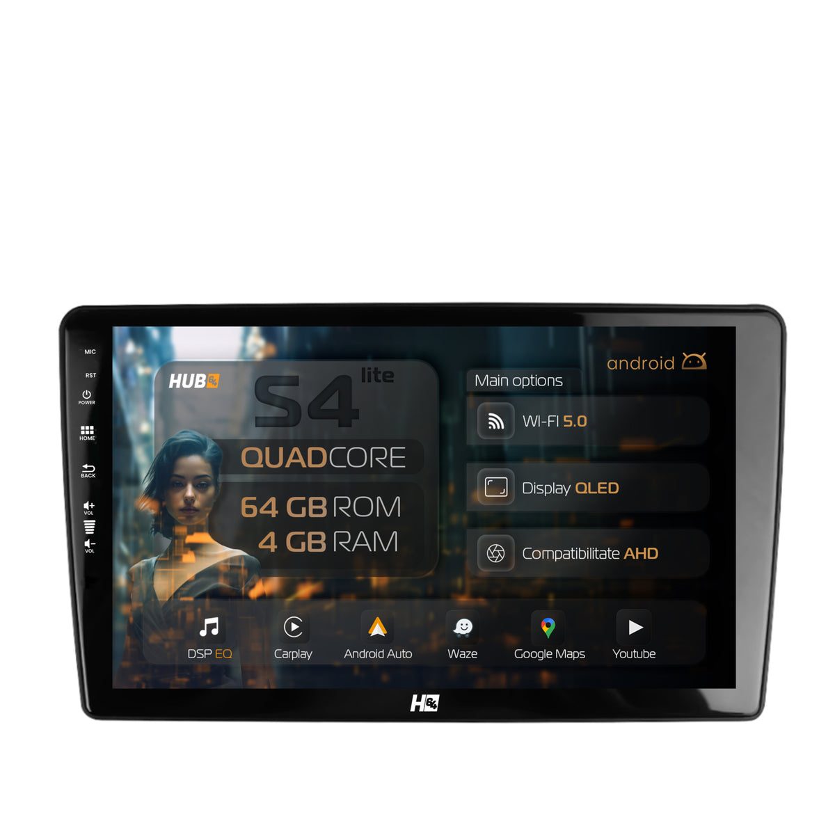 Navigatie HUB64 Peugeot 307, 4GB RAM, Android, Quadcore, DSP, GPS, Wi-FI, Carplay, Android Auto, USB, Bluetooth, Waze, Touchscreen, 9 inch