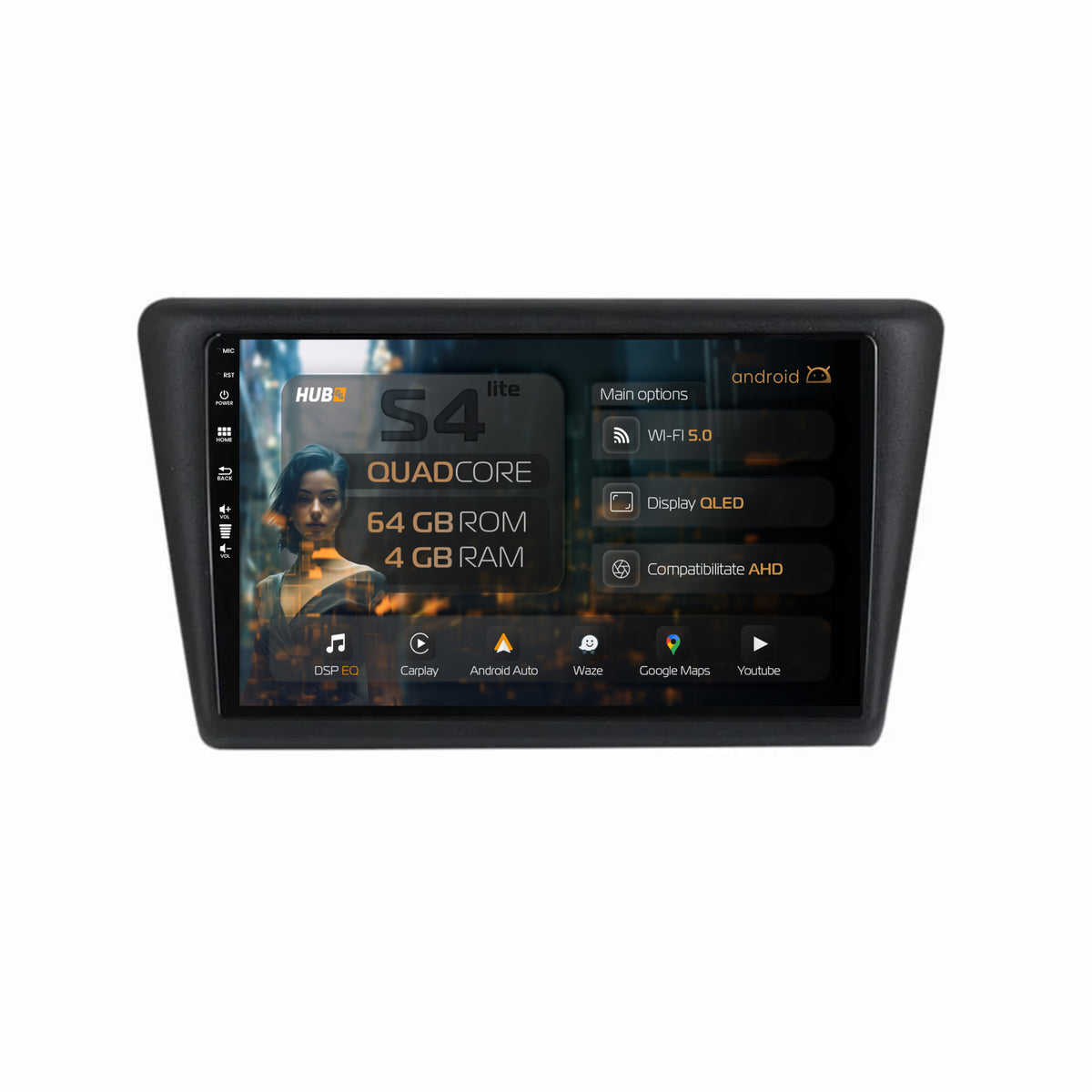Navigatie HUB64 Seat Toledo / Skoda Rapid (2012-2019), 4GB RAM, Android, Quadcore, DSP, GPS, Wi-FI, Carplay, Android Auto, USB, Bluetooth, Waze, Touchscreen, 9 inch