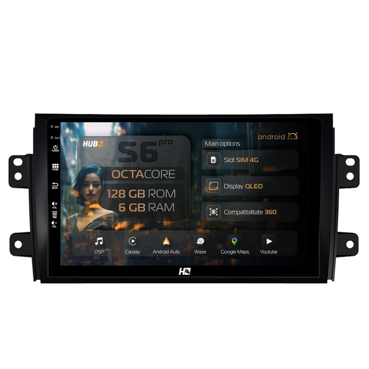Navigatie HUB64 Suzuki SX4 / Fiat Sedici, 6GB RAM, Android, Octacore, Slot Sim 4G, DSP, GPS, Wi-FI, Carplay, Android Auto, USB, Bluetooth, Waze, Touchscreen, 9 Inch