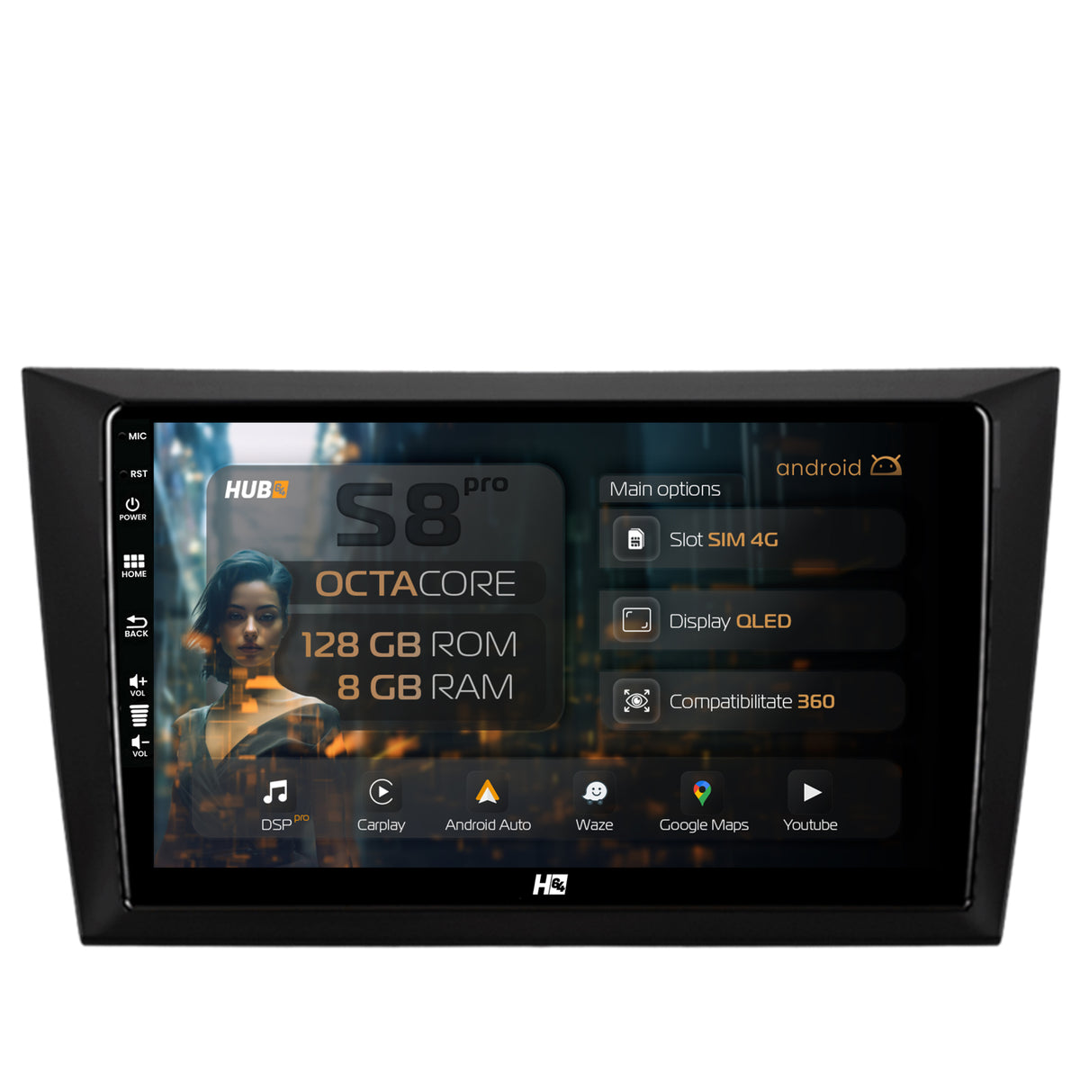 Navigatie HUB64 Volkswagen Golf 6, 8GB RAM, Android, Octacore, Slot Sim 4G, DSP, GPS, Wi-FI, Carplay, Android Auto, USB, Bluetooth, Waze, Touchscreen, 9 Inch
