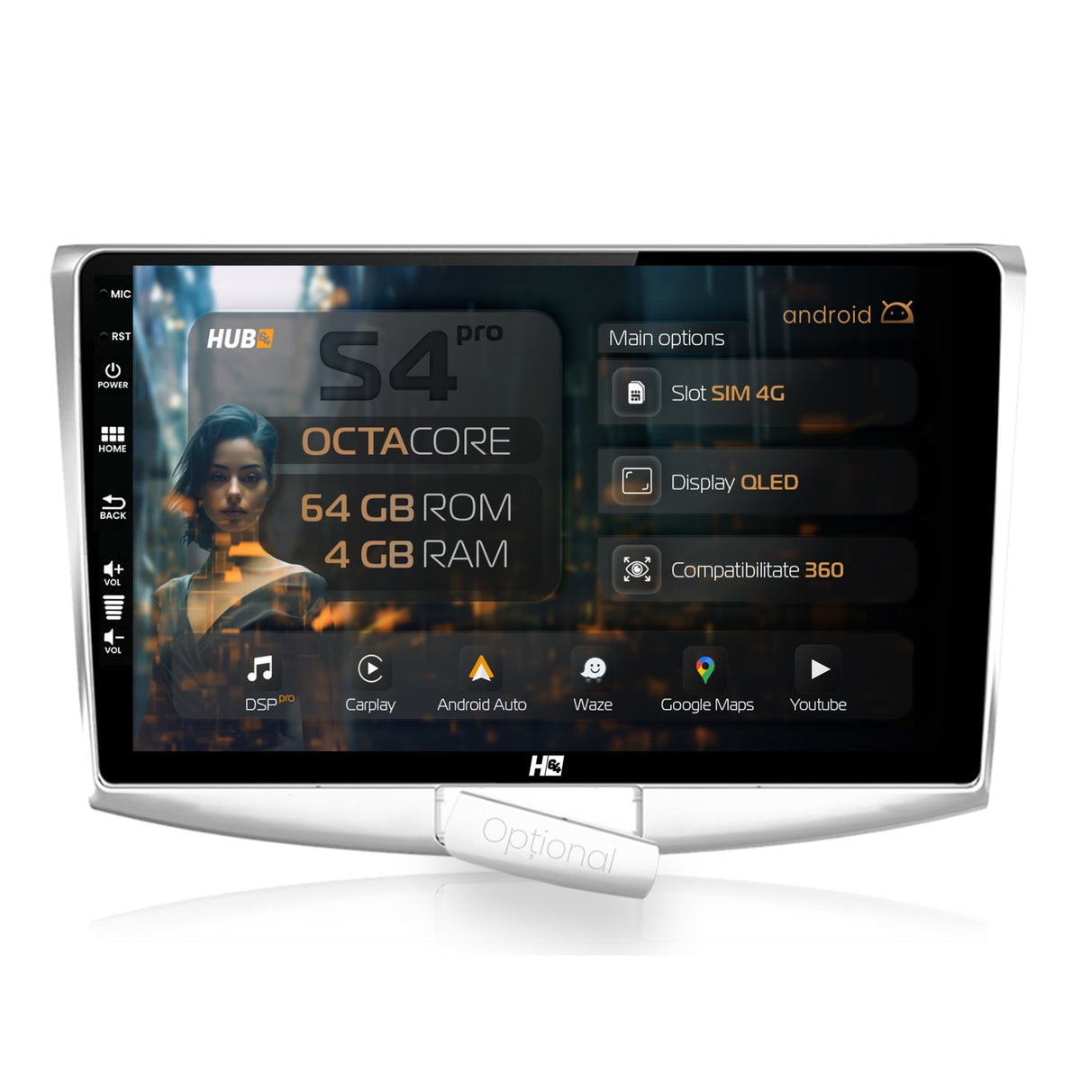 Navigatie HUB64 Volkswagen Passat B6 / B7 / CC, 4GB RAM, Android, Octacore, Slot Sim 4G, DSP, GPS, Wi-FI, Carplay, Android Auto, USB, Bluetooth, Waze, Touchscreen,, 10.1 Inch