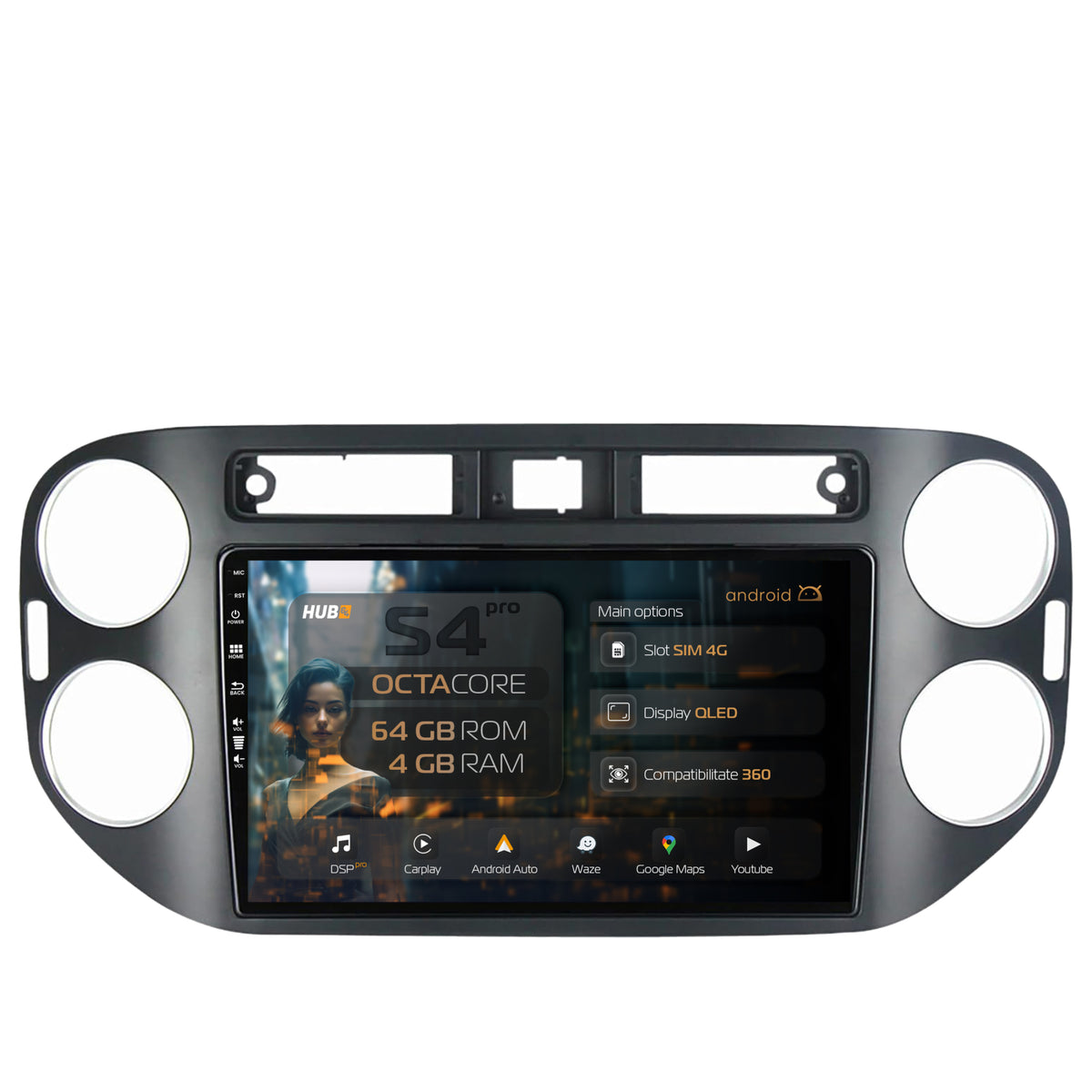 Navigatie HUB64 Volkswagen Tiguan (2010-2016), 4GB RAM, Android, Octacore, Slot Sim 4G, DSP, GPS, Wi-FI, Carplay, Android Auto, USB, Bluetooth, Waze, Touchscreen, 9 inch