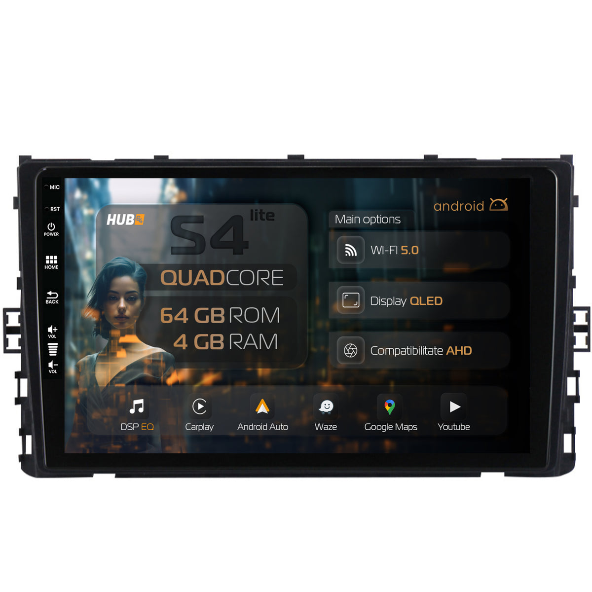 Navigatie HUB64 Volkswagen Transporter / Caravelle (2020+), 4GB RAM, Android, Quadcore, DSP, GPS, Wi-FI, Carplay, Android Auto, USB, Bluetooth, Waze, Touchscreen, 9 inch
