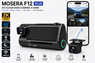Camera auto DVR 4G MOSERA F12 PLUS, 3 camere, 2K + Full HD, Sony IMX415, GPS Tracking, WiFi 6, Night Vision IR, Cloud Live View, monitorizare parcare, aplicatie mobil + PC