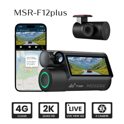 Camera auto DVR 4G MOSERA F12 PLUS, 3 camere, 2K + Full HD, Sony IMX415, GPS Tracking, WiFi 6, Night Vision IR, Cloud Live View, monitorizare parcare, aplicatie mobil + PC