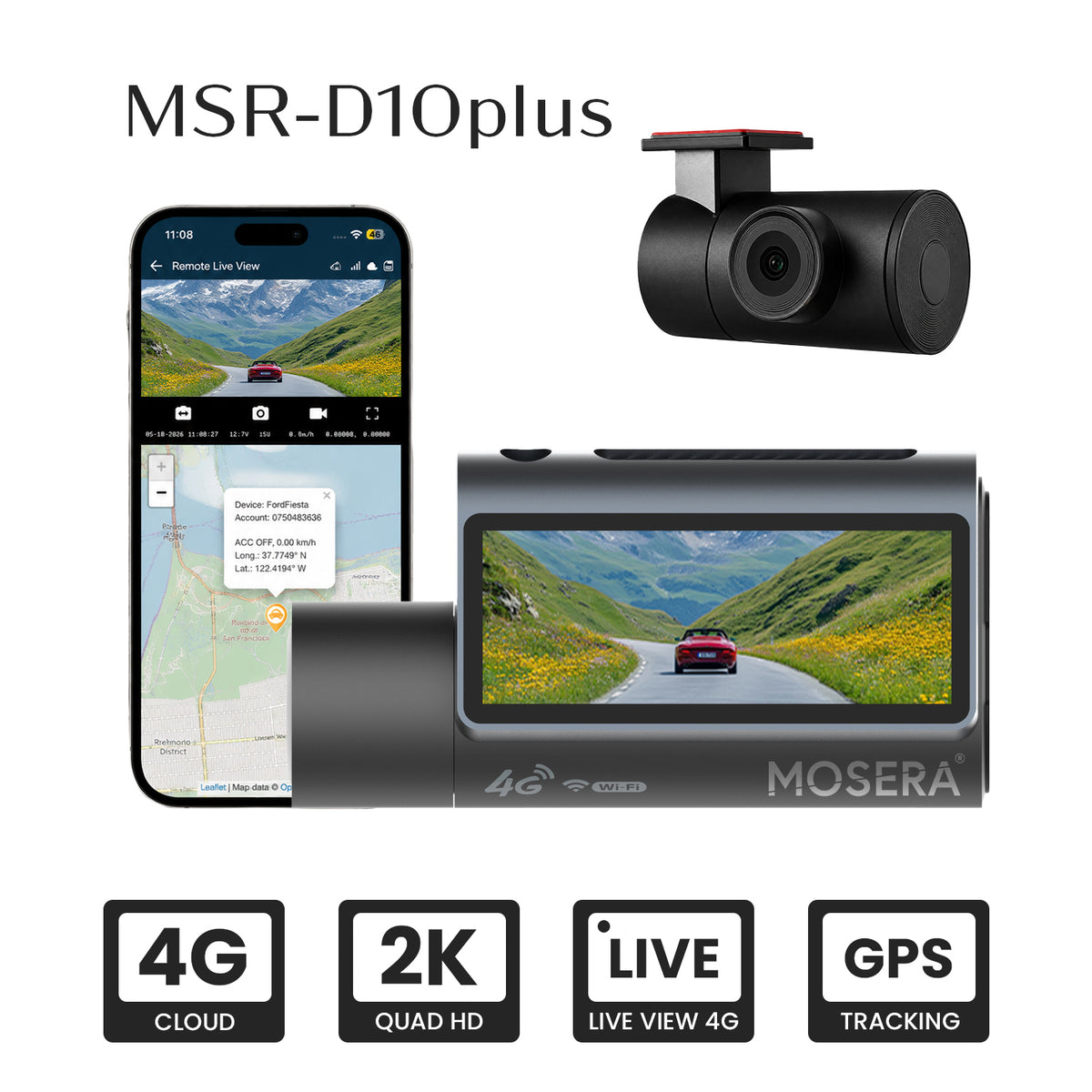 Camera auto DVR MOSERA D10 Plus 4G Cloud 2K , Ecran 3.18 Inch, GPS, Wi-Fi, monitorizare live, Night Vision, Parking Mode + cameră spate Full HD 1080P, aplicatie mobil + PC