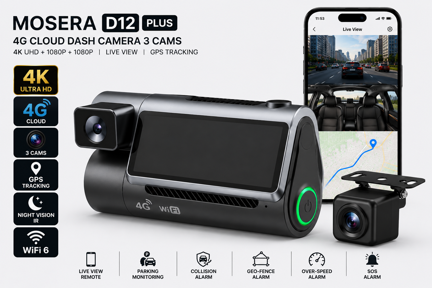Camera auto DVR 4G MOSERA D12 PLUS, 3 camere, 4K UHD + Full HD + Full HD, Sony IMX415, GPS Tracking, WiFi 6, Night Vision IR, Cloud Live View, monitorizare parcare, aplicatie mobil + PC