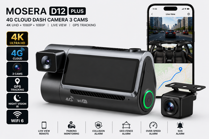 Camera auto DVR 4G MOSERA D12 PLUS, 3 camere, 4K UHD + Full HD + Full HD, Sony IMX415, GPS Tracking, WiFi 6, Night Vision IR, Cloud Live View, monitorizare parcare, aplicatie mobil + PC