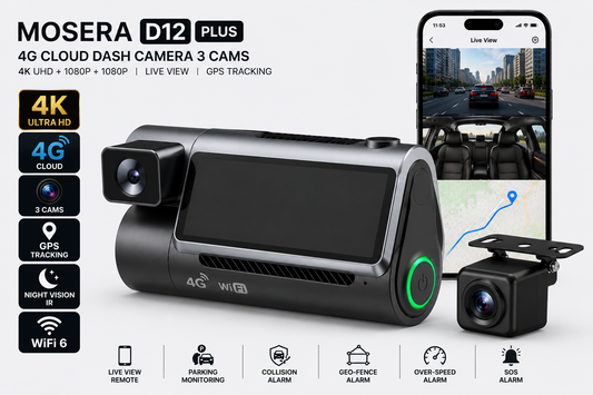 Camera auto DVR 4G MOSERA D12 PLUS, 3 camere, 4K UHD + Full HD + Full HD, Sony IMX415, GPS Tracking, WiFi 6, Night Vision IR, Cloud Live View, monitorizare parcare, aplicatie mobil + PC