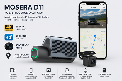 Camera auto DVR MOSERA D11 4G Cloud 4K UHD Sony IMX415, GPS, Wi-Fi 6, monitorizare live, Night Vision, Parking Mode + cameră spate Full HD 1080P, aplicatie mobil + PC
