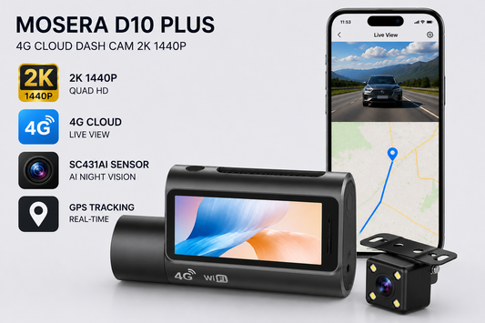 Camera auto DVR MOSERA D10 Plus 4G Cloud 2K , Ecran 3.18 Inch, GPS, Wi-Fi, monitorizare live, Night Vision, Parking Mode + cameră spate Full HD 1080P, aplicatie mobil + PC