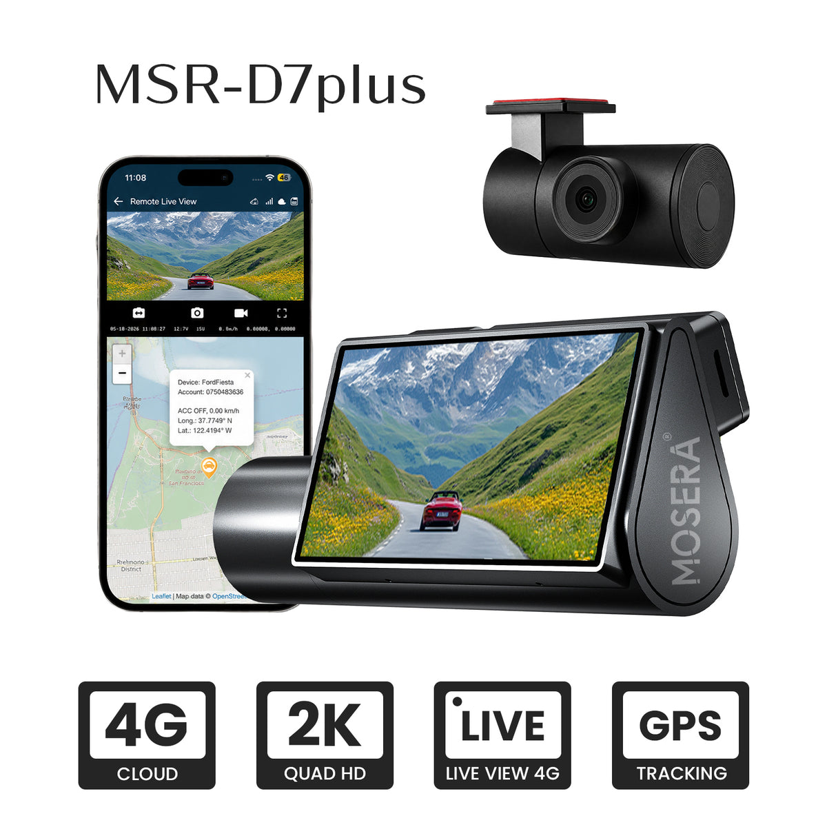 Camera auto DVR MOSERA D7 PLUS 4G Cloud 2K, Touchscreen 3Inch, GPS, Wi-Fi, monitorizare live din aplicație, Night Vision, unghi 140°, cameră spate Full HD 1080P