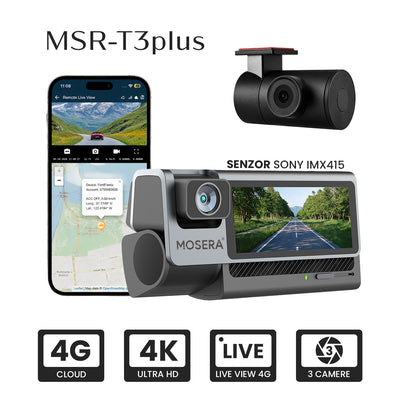 Camera auto DVR MOSERA T3 PLUS 4G Cloud 3CH, 4K Sony IMX415 + interior 1080P + camera spate 1080P, GPS, WiFi 6, ecran touch IPS 3”, Night Vision, monitorizare live