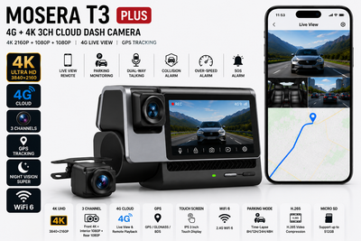 Camera auto DVR MOSERA T3 PLUS 4G Cloud 3CH, 4K Sony IMX415 + interior 1080P + camera spate 1080P, GPS, WiFi 6, ecran touch IPS 3”, Night Vision, monitorizare live