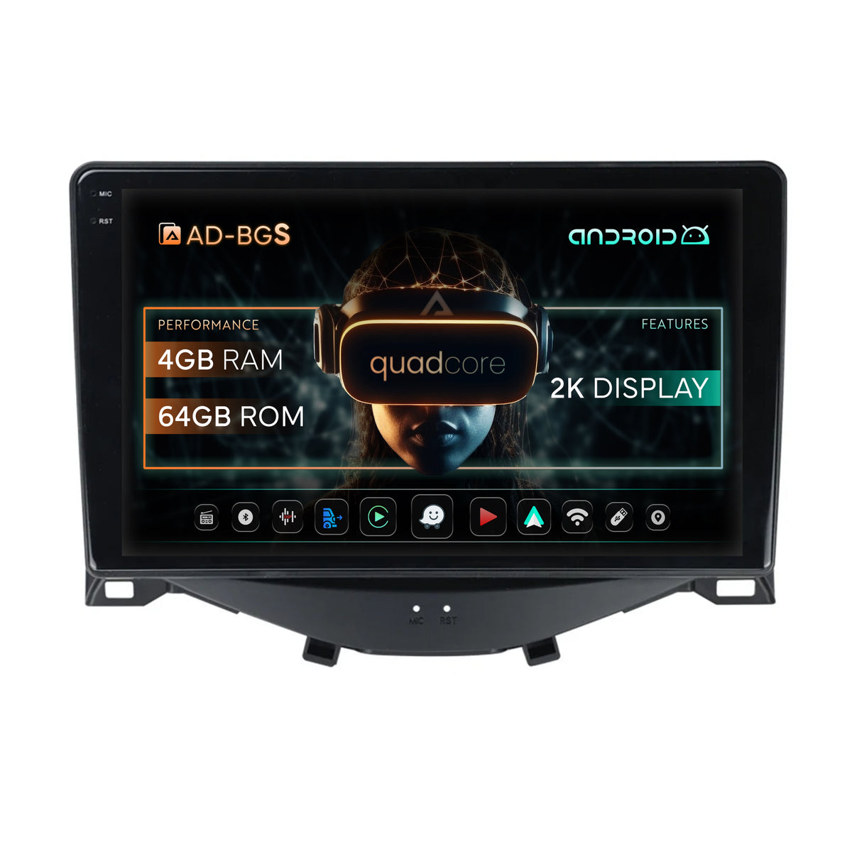 Navigatie 2K Citroen C1 / Peugeot 108 / Toyota AYGO (2014-2022), Android, S-Quadcore / 4GB RAM + 64GB ROM, 9.5 Inch - AD-BGS90042K+AD-BGRKIT101